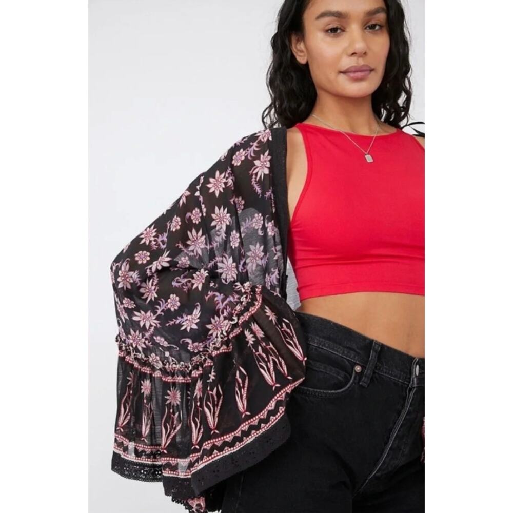 FREE PEOPLE Women Oversize Boho Lola Placed Dark Floral Relaxed Kimono Top